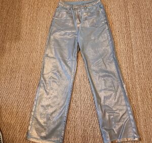 SHEIN Shimmering Silver Crop Top With Flair Pants Size M